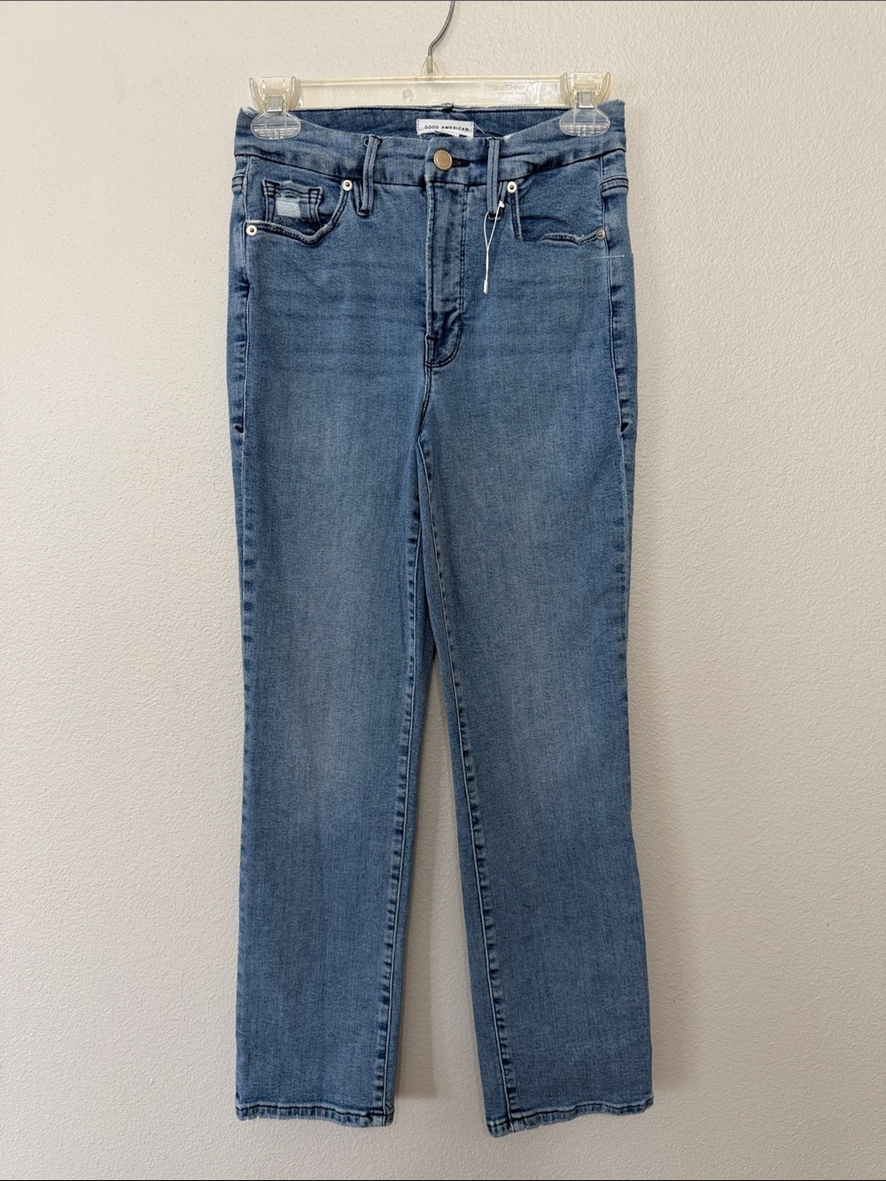 Good American ‎ Denim Classic Straight Leg Jeans in Medium Blue Distressed 2/26